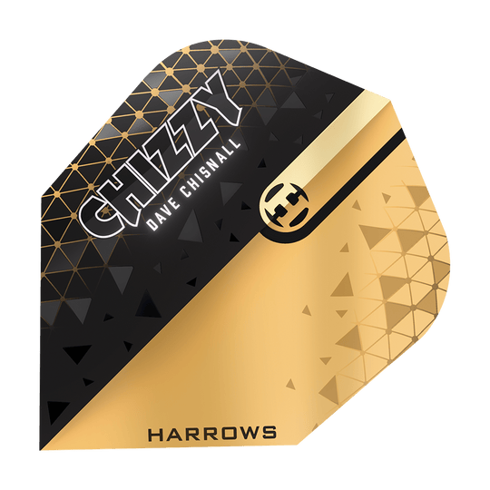 Harrows Prime Dave Chisnall Chizzy 2 n. 6 voli Das Bild zeigt ein Dartflight-Design in Schwarz und Gold mit geometrischen Mustern. Auf dem Flight stehen die Namen "CHIZZY", "Dave Chisnall" und "HARROWS".