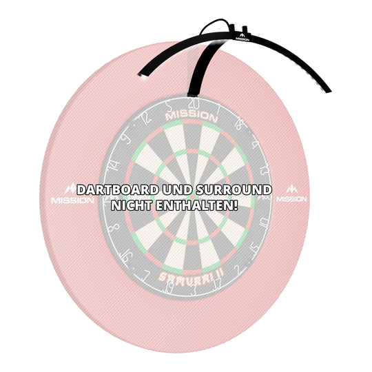 Das Bild zeigt die faltbare LED Dartboard Beleuchtung "Mission Torus 100", die über einem Dartboard platziert ist. Ein Hinweis weist darauf hin, dass das Dartboard und das Surround nicht enthalten sind.