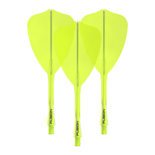 Winmau Fusion Flight Shaft System Freccia Giallo Neon Das Bild zeigt das Winmau Fusion Flight Shaft System Arrow Set in Neongelb mit einer Länge von 34 mm. Es handelt sich um ein Set für Dartpfeile.
