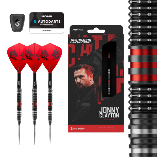 Freccette in acciaio Switch Point Red Dragon Jonny Clayton RD-PRO Dieses Bild zeigt die Red Dragon Jonny Clayton RD-PRO Switch Point Steeldarts. Die Darts liegen auf einem hellen Hintergrund.