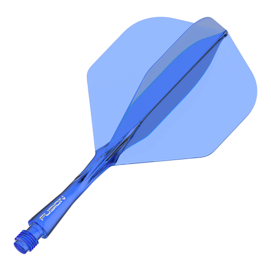 Sistema di alberi di volo Winmau Fusion Standard Blu Das Bild zeigt ein blaues Dart-Flightsystem mit integriertem Schaft. Auf dem Schaft steht das Wort "FUSION".