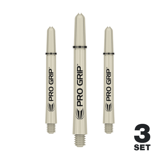 Auf dem Bild sind drei sandfarbene Pro Grip Dartschäfte zu sehen. Unten rechts steht "3 Set", was auf ein Set aus drei Stück hinweist.