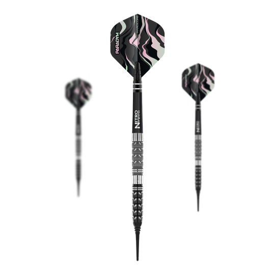 Freccette morbide coniche Red Dragon Paradym - 20 g Das Bild zeigt drei Red Dragon Paradym Tapered Softdarts mit einem Gewicht von 20g. Die Flügel der Darts haben ein auffälliges schwarzes, pinkes und weißes Muster.
