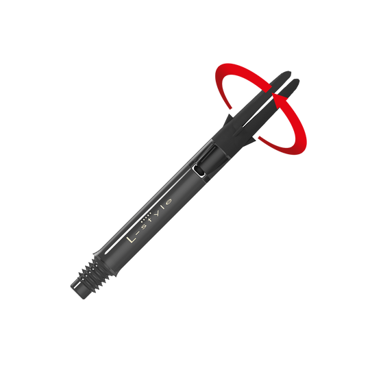 L-L-Style-Shaft Carbon Silent Straight - Schwarz Das Bild zeigt einen schwarzen Dart-Schaft aus Carbon der Marke L-Style. Am oberen Ende ist ein roter, drehender Bewegungseffekt dargestellt.