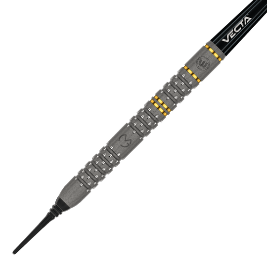 Freccette morbide Winmau Michael Van Gerwen Evo-X - 20g Das Bild zeigt einen Winmau Michael Van Gerwen Evo-X Softdart mit einem Gewicht von 20 Gramm. Der Dart hat ein markantes Design mit silbernen und goldenen Akzenten sowie der Aufschrift "VECTA".