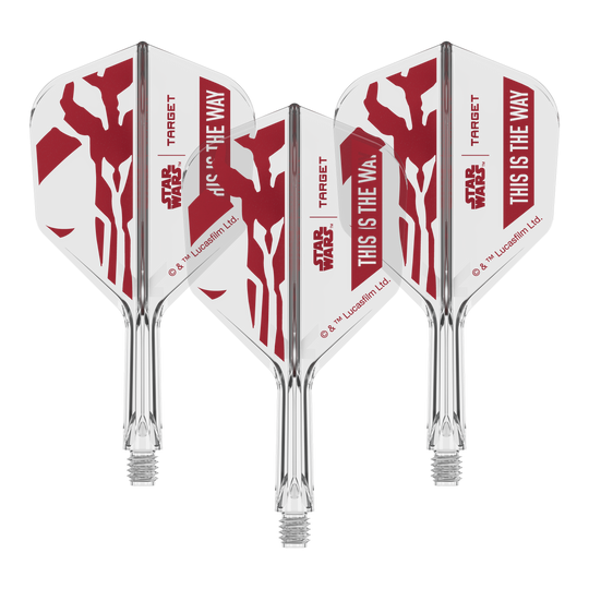 Set Target Star Wars K-Flex Mandalorian No6 Flights Dieses Motiv zeigt den Schriftzug 'This Is The Way' aus Star Wars auf einem Dart-Flügel. Der No6 Flight ist 19 mm groß und eignet sich für Darts.