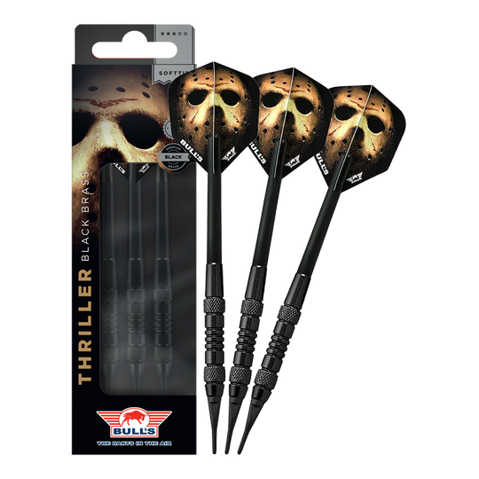 Freccette morbide Bulls NL Thriller in ottone nero - 18 g Das Bild zeigt Bulls NL Thriller Black Brass Softdarts mit 18 Gramm. Diese Softdarts zeichnen sich durch ihre schwarze Optik aus.