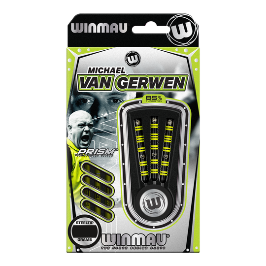 Freccette in acciaio Winmau Michael Van Gerwen 85 Pro-Series Das Bild zeigt eine Packung Winmau Michael Van Gerwen 85 Pro-Series Steeldarts. In der Verpackung sind drei Dartpfeile mit gelb-schwarzem Design sichtbar.