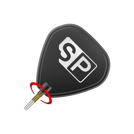 Punte per freccette Target Swiss Point Gold Das Bild zeigt eine schwarze Dart-Flügel mit den weißen Buchstaben "SP" darauf. Unten ist eine goldene Dartspitze mit einem roten Pfeil, der eine Drehbewegung anzeigt.