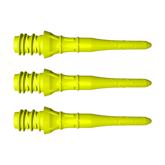 Das Bild zeigt drei kurze, neon-gelbe Dartspitzen, die nebeneinander liegen. Sie haben ein Schraubgewinde und sind für Soft-Darts geeignet.