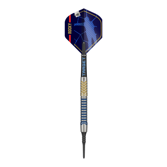 Freccette morbide Target Josh Rock GEN1 - 20 g Das Bild zeigt einen Target Josh Rock GEN1 Softdart mit einem Gewicht von 20g. Der Dartpfeil hat ein modernes Design mit blauen und goldenen Akzenten.