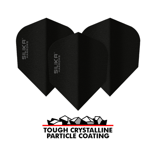 Harrows Silice Solido Rivestimento cristallino resistente Volo nero No6 Das Bild zeigt drei schwarze Dart-Flights der Marke Harrows Silika mit der Aufschrift "SILIKA HARROWS". Unter den Flights befindet sich ein Logo mit der Aufschrift "TOUGH CRYSTALLINE PARTICLE COATING".