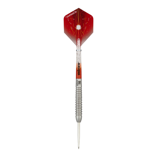 Unicorn Core XL Striker Style 5 freccette in acciaio Das Bild zeigt einen Unicorn Core XL Striker Style 5 Steeldart. Der Dart hat einen silbernen Schaft und eine rot designte Flights.