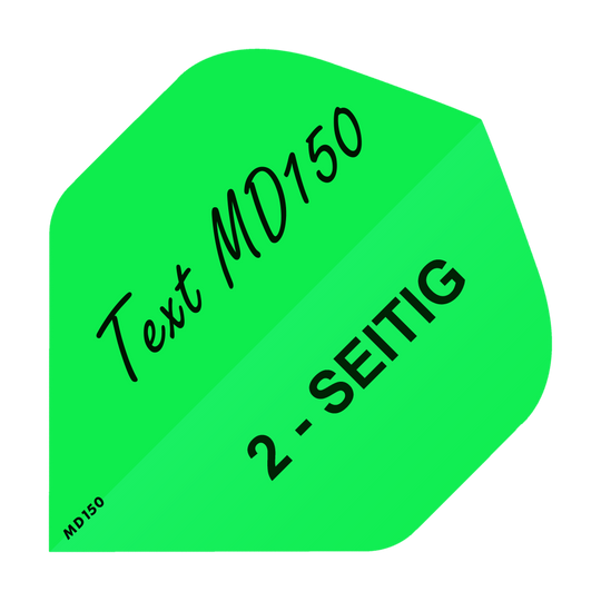 MD-203_2-Seitig_Bedruckte_Flights_Wunschtext_MD150_Neongr-n_Standard_1 Das Bild zeigt ein neon-grünes Quadrat mit dem Text „Text MD150“ und „2-SEITIG“ darauf. In der unteren linken Ecke steht klein „MD150“.