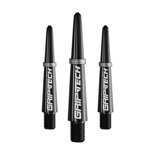Alberi GOAT Griptech - Neri Das Bild zeigt drei schwarze Dartschäfte mit der Aufschrift „GRIPTECH“. Sie sind in einer Reihe angeordnet und haben silberne Ringe am oberen Ende.