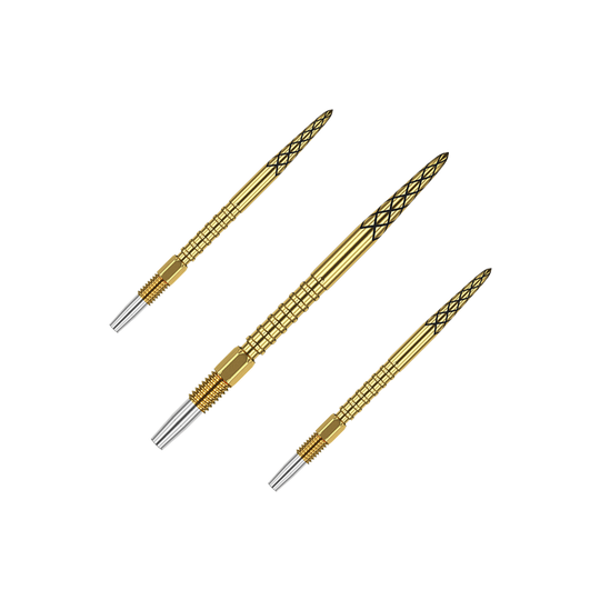 Puntali per freccette Target Swiss DS Surge Point - Oro Das Bild zeigt drei goldene Dartspitzen mit silbernen Enden. Die Spitzen haben ein Rautenmuster und sind 30 mm lang.