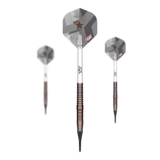 Freccette morbide Bulls NL Max Hopp E5 - 20 g Das Bild zeigt die Bulls NL Max Hopp E5 Softdarts mit einem Gewicht von 20g. Diese Softdarts sind speziell für präzises Dartspiel entwickelt.
