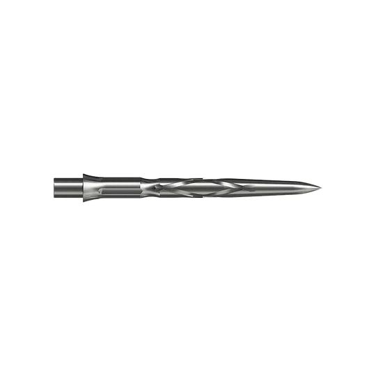 Punte per freccette in acciaio Caliburn System - HAN G2 - Argento Auf dem Bild ist eine silberne Steeldartspitze mit einem spiralförmigen Muster zu sehen. Sie ist schmal und hat eine spitz zulaufende Form.