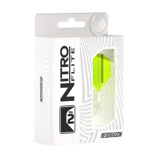 Nitroflite Red Dragon - Asta Bianca Gialla N. 2 Voli Die Abbildung zeigt eine Verpackung des Produkts "Red Dragon Nitroflite - White Shaft Yellow No2 Flights". In der Schachtel ist ein gelber Dart-Flügel mit weißem Schaft sichtbar.