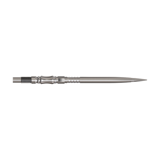 Harrows Quick Point Axis Elite Series Dartspitzen - Silber Axis Silver Elite Serie Dartspitzen in 40mm Länge werden gezeigt. Sie sind silberfarben und fein gearbeitet.