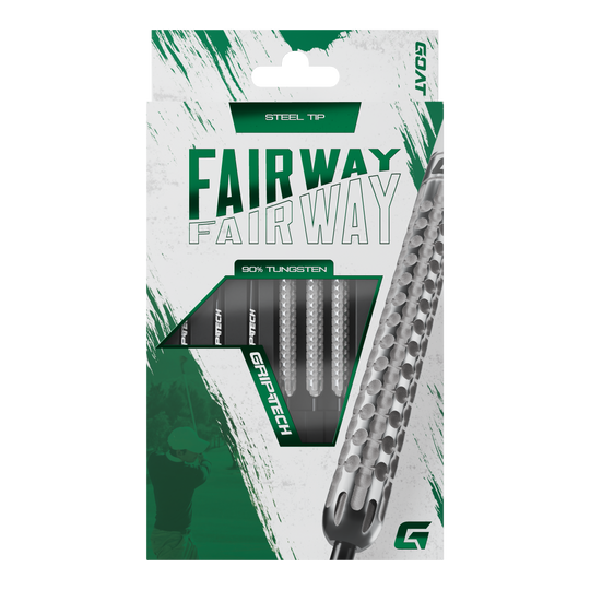 Freccette in acciaio al tungsteno GOAT Fairway V1 Die Abbildung zeigt eine Verpackung der GOAT Fairway V1 Tungsten Steeldarts. Die Darts haben eine Stahlspitze und bestehen zu 90% aus Tungsten.