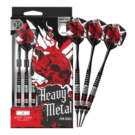 Freccette morbide in ottone Ryan Searle Heavy Metal Harrows Das Foto zeigt die Harrows Heavy Metal Ryan Searle Brass Softdarts in voller Länge. Die Darts sind komplett abgebildet und liegen nebeneinander.