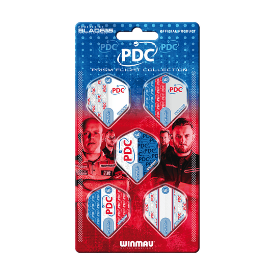 Collezione di voli Winmau PDC Prism Das Bild zeigt die "Winmau PDC Prism Flight Collection", eine offizielle Sammlung von Dart-Flights. Die Verpackung ist blau-rot gestaltet und zeigt fünf verschiedene Flights sowie Bilder von Dartspielern.