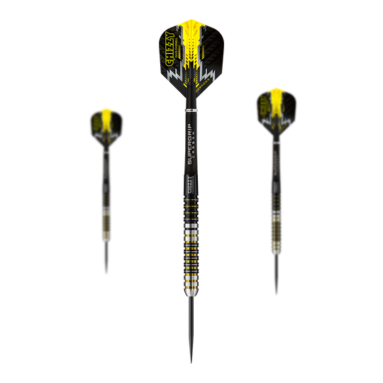 Freccette in acciaio Chizzy di Dave Chisnall di Harrow Das Bild zeigt drei Steeldarts des Modells "Harrows Dave Chisnall Chizzy". Die Darts sind schwarz-gelb gestaltet und haben die Aufschrift "CHIZZY" auf den Flights.