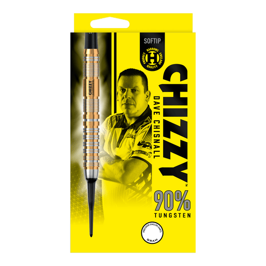 Freccette morbide Dave Chisnall Chizzy Series 2 di Harrow Die Verpackung zeigt die "Harrows Dave Chisnall Chizzy Series 2 Softdarts" mit einem Bild von Dave Chisnall. Auf der gelben Schachtel steht, dass die Darts aus 90% Tungsten bestehen.