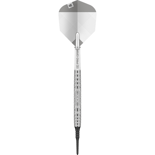 210134_Target_Nastri_10_Softdarts_1mgGQoF9nkYXG5 Das Bild zeigt einen Target Nastri 10 Softdart. Der Dartpfeil hat ein silbernes, gemustertes Griffstück und eine graue Flightscheibe.