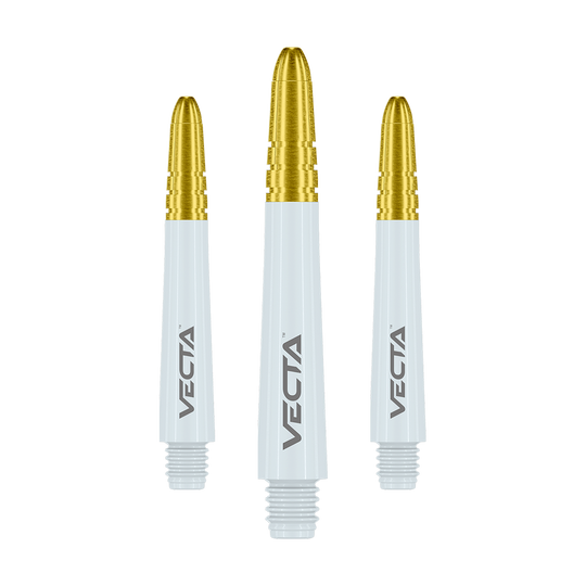 Winmau Vecta Shafts - Weiß Gold Das Bild zeigt drei Dartschafts mit weißen Körpern und goldfarbenen Spitzen. Auf jedem Schaft steht das Wort "VECTA".