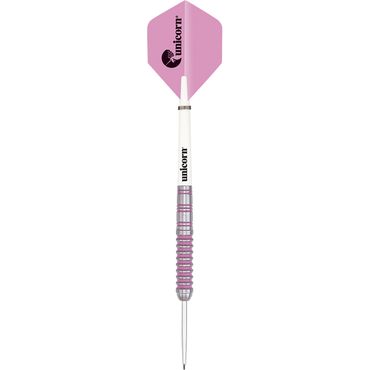 06020_Unicorn_Autograph_Steeldarts_1S3p4gR1frsl1F Das Bild zeigt einen Unicorn Autograph Steeldart mit einer rosa Flights und silber-lila Griff. Der Schaft ist weiß und auf ihm steht das Wort „unicorn“.