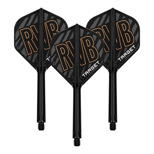 Target K-Flex Raymond Van Barneveld No2 Sistema di albero di volo standard Das Bild zeigt drei schwarze Dartflights mit integrierter Schaftsystem. Auf den Flights steht in großen Buchstaben "RVB" und darunter "TARGET".