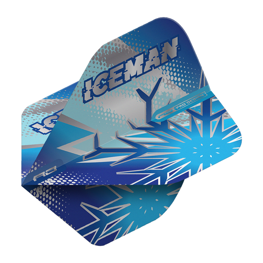 Voli standard Red Dragon Gerwyn Price Blue Flake No2 Das Bild zeigt die Dartflights „Red Dragon Gerwyn Price Blue Flake No2 Standard Flights“ in Blau mit Eiskristall-Design. Auf den Flights steht groß das Wort „ICEMAN“.