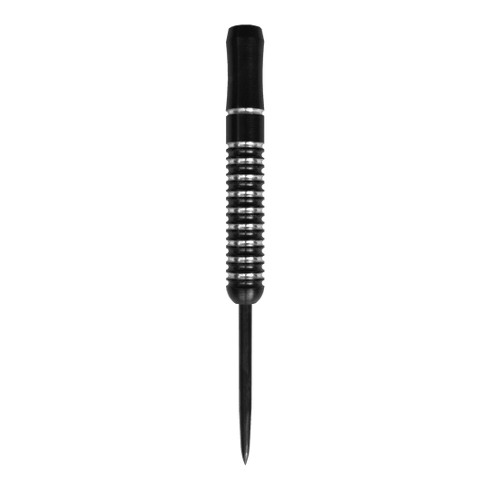 Barili McDart Void Steeldart - 23 g Das Bild zeigt einen McDart Void Steeldart Barrel mit einem Gewicht von 23g. Der Dart hat ein schwarz-silbernes Rillenmuster und eine spitze Metallspitze.