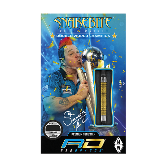 Red Dragon Peter Wright Doppio Campione del Mondo SE Gold Plus Softdarts - 20g Das Bild zeigt die Verpackung der "Red Dragon Peter Wright Double World Champion SE Gold Plus Softdarts - 20g". Auf der Verpackung ist ein Bild von Peter Wright mit Pokal und einem goldfarbenen Dart abgebildet.
