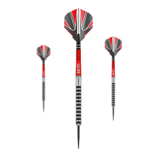 Giavellotto del drago rosso, freccette in acciaio nero Das Bild zeigt drei "Red Dragon Javelin Black Steeldarts" mit roten, schwarzen und silbernen Akzenten. Die Dartpfeile haben markante Flügel und eine geriffelte Griffzone.