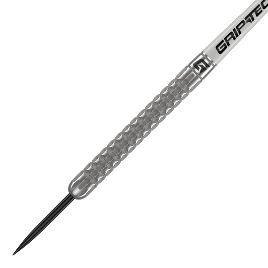 Freccette in acciaio al tungsteno GOAT Fairway V1 Das Bild zeigt einen GOAT Fairway V1 Tungsten Steeldart. Der Dart hat eine silberne, strukturierte Oberfläche und eine schwarze Spitze.