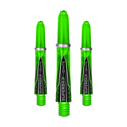 HR389_Harrows_Supergrip_Ignite_Shafts_Gr-n_33mm_1 Zu sehen sind Harrows Supergrip Ignite Shafts. Die Dartschäfte weisen ein modernes Design auf.