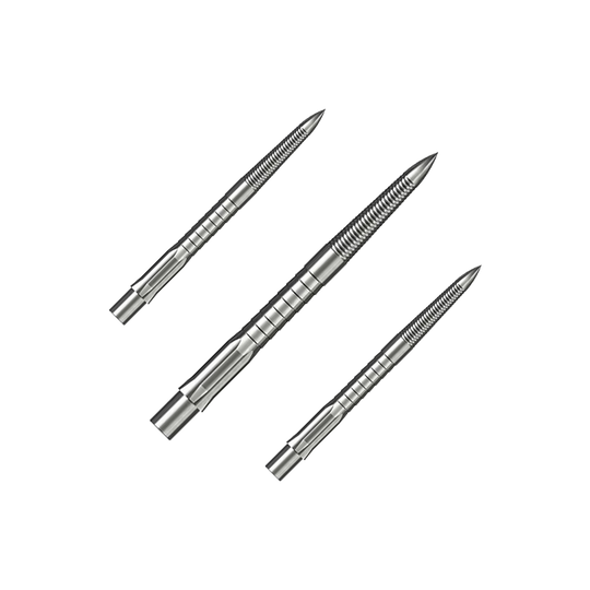 Punte per freccette in acciaio Caliburn System - Micro Grip - Argento Das Bild zeigt drei silberne Steeldartspitzen mit feinem Micro-Grip. Sie sind 28 mm lang und sauber nebeneinander angeordnet.