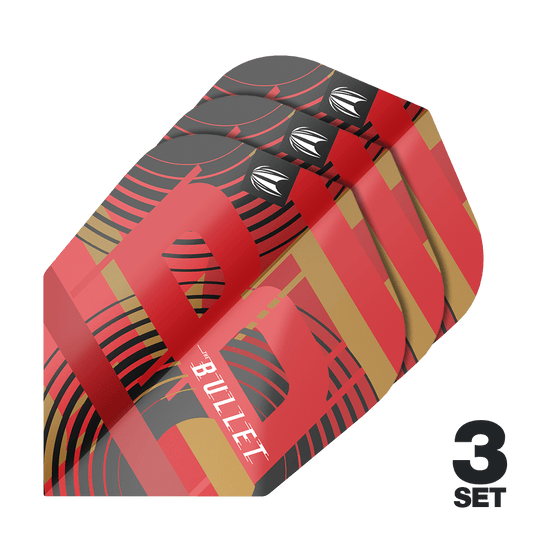 Alette Target Pro Ultra Stephen Bunting GEN5 No6 - 3 set Das Bild zeigt drei Sätze der Target Pro Ultra Stephen Bunting GEN5 No6 Flights. Die Flights sind rot, schwarz und gold gefärbt und tragen das Wort "BULLET".