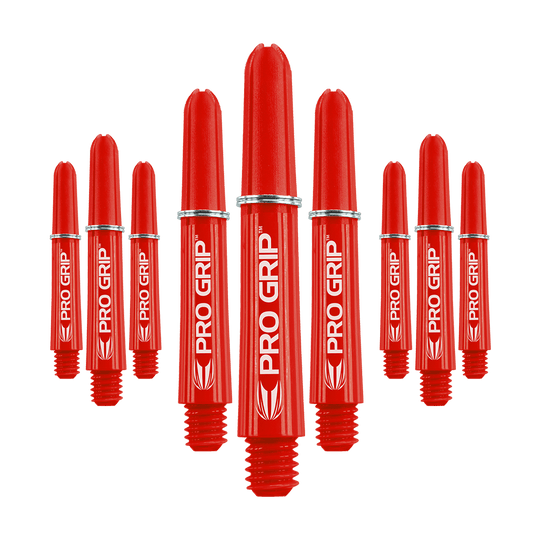 Target Pro Grip Shafts - 3 set - Rosso Das Bild zeigt neun rote Dart-Schäfte mit der Aufschrift "PRO GRIP". Sie sind in drei Gruppen angeordnet und haben ein auffälliges, glänzendes Design.