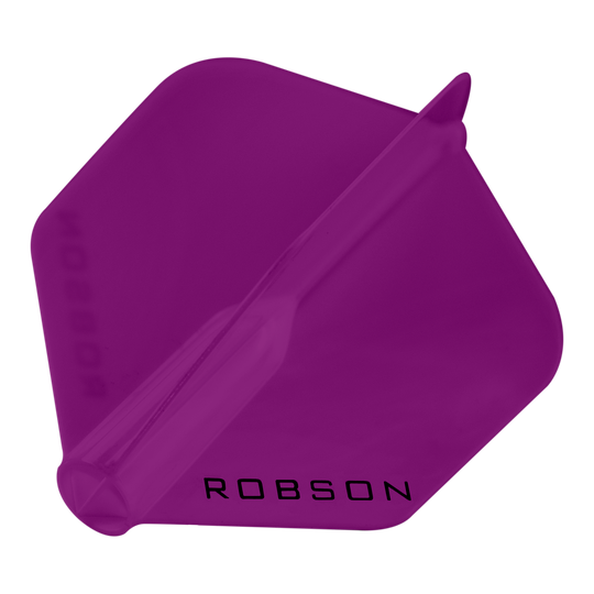 Voli Robson Plus - Standard Das Bild zeigt ein violettes Dartflight mit sechseckiger Form. Auf dem Flight steht das Wort "ROBSON" in schwarzen Buchstaben.