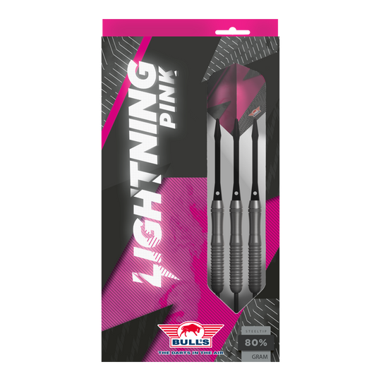 Freccette in acciaio Bulls NL Lightning Pink Das Bild zeigt eine Verpackung der "Bulls NL Lightning Pink Steeldarts". Die Darts sind in Schwarz und Pink gestaltet und haben einen Stahlspitze.