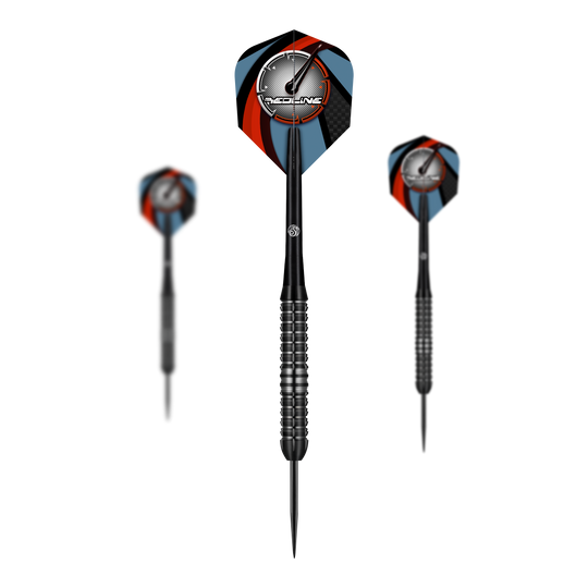 Freccette in acciaio smaltato Shot Redline Das Bild zeigt drei Steeldarts des Produkts "Shot Redline Blazed". Die Flights sind mit einem schwarz-roten und blauen Muster sowie dem Redline-Logo gestaltet.