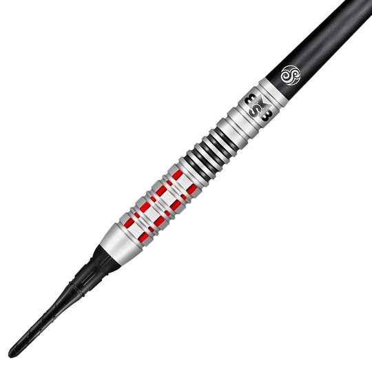 Shot Michael Smith Credi alle freccette morbide Das Bild zeigt einen Shot Michael Smith Believe Softdart. Der Dart hat ein silbernes Design mit roten und schwarzen Akzenten.