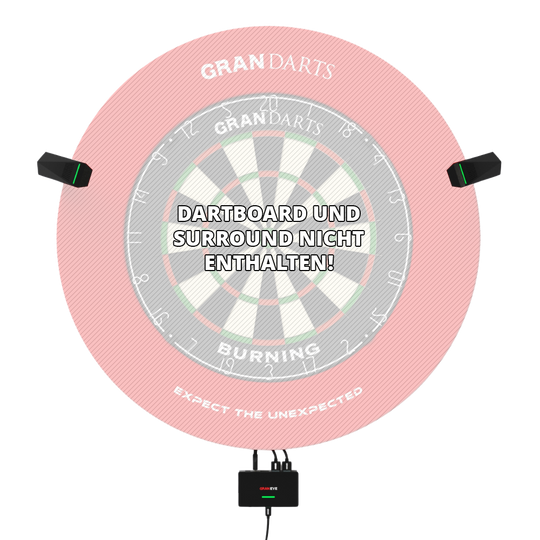 Sistema di punteggio automatico GranDarts Gran Eye GEN2 Steeldart Das Bild zeigt das GranDarts GranEye Steeldart Auto-Scoring-System mit Kameras und einer Steuereinheit. In der Mitte steht der Hinweis: "Dartboard und Surround nicht enthalten!"