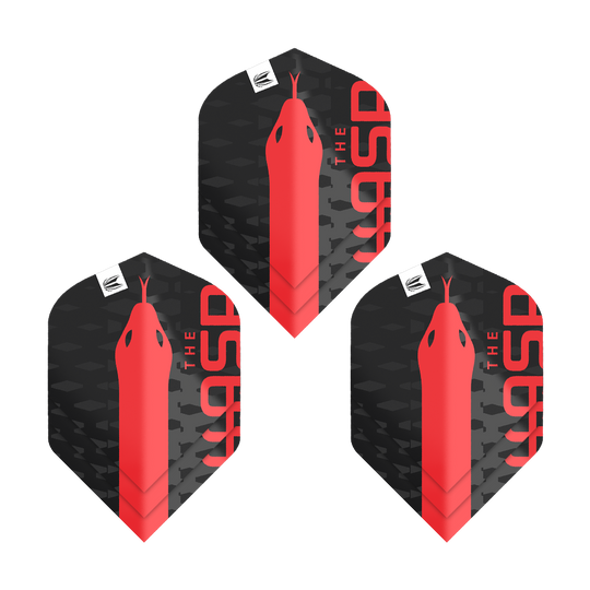 Target Pro Ultra Nathan Aspinall No2 Alette standard - 3 set Das Bild zeigt drei schwarze Dart-Flights mit einem roten Schlangenkopf und der Aufschrift "THE ASP". Es handelt sich um das Produkt "Target Pro Ultra Nathan Aspinall No2 Standard Flights - 3 Sets".