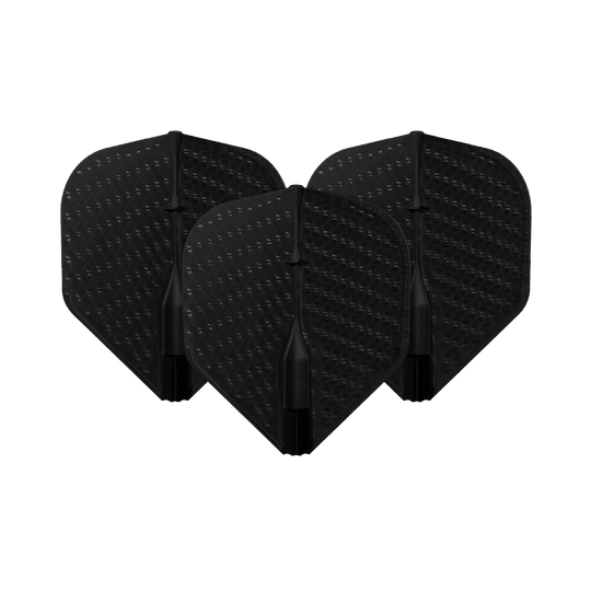 Voli L-Style Dimple Champagne L1EZ Standard Auf dem Bild sind drei schwarze Dart-Flights mit Dimple-Oberfläche zu sehen. Sie stehen nebeneinander und sind identisch geformt.
