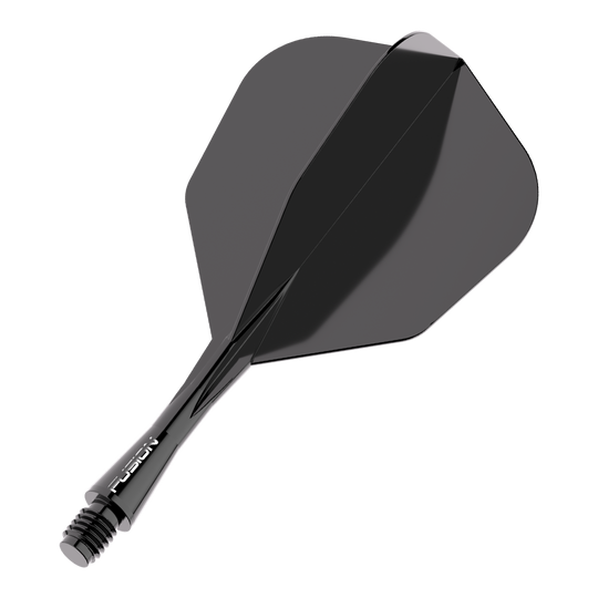 Sistema di alberi di volo Winmau Fusion n. 6 nero Das Bild zeigt ein schwarzes Dart Flight-Schaft-System. Es trägt den Schriftzug "FUSION" auf dem Schaft und hat eine glänzende Oberfläche.
